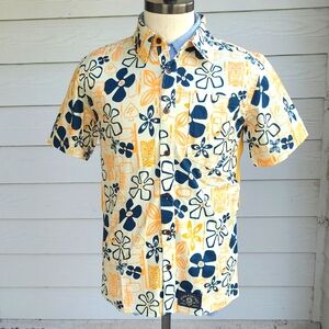 ZERO FOXTROT Beige Blue Orange Floral Tiki Cotton Blend Sz S Mens Hawaiian Shirt
